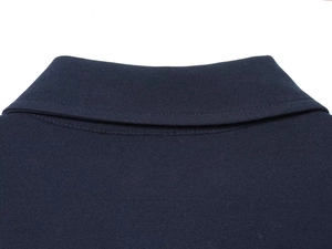 Detail of the navy blue dress collar showing fine stitching and premium woven fabric