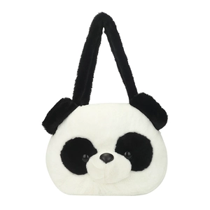 Large plush panda handbag with black handles and soft faux fur for women and students