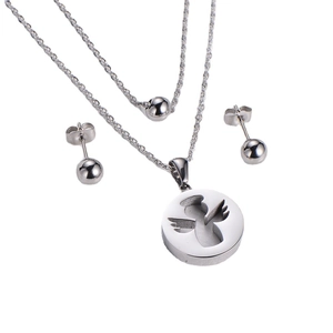 Set gioielli in acciaio argento con collana pendente angelo e orecchini a sfera