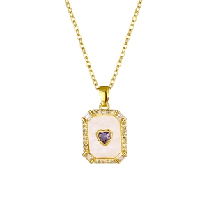 Detail of 18K gold plated necklace with purple heart gemstone and white shell inlay