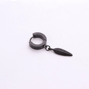 Minimalist black stainless steel hinged hoop earring with a delicate feather charm pendant