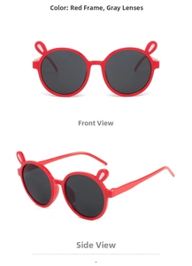 Vues détaillées avant et latérales de lunettes de soleil rouges pour enfants à oreilles
