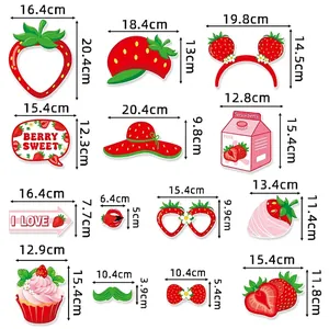 Strawberry party photo booth props set with detailed size measurements for summer events