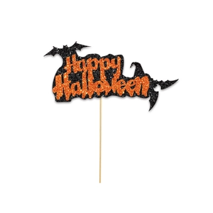 Glittery Happy Halloween cake topper with black bats and orange pumpkin sparkle effects