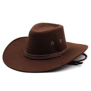 Detail view of brown faux suede cowboy hat showing braided band and metal ventilation eyelets