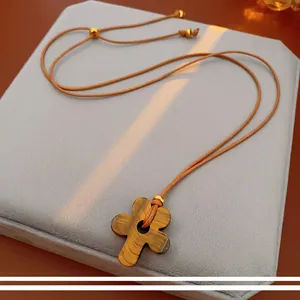 Long tiger eye stone flower pendant necklace with adjustable brown wax cord for women