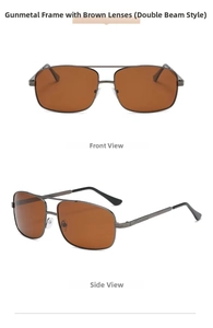 Close-up of gunmetal frame polarized sunglasses with brown lenses and double bridge detail