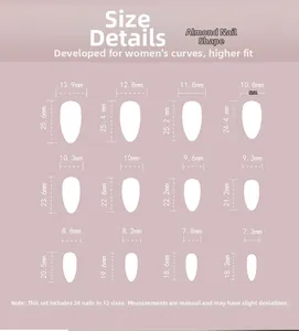 Detailed size chart for almond-shaped press-on nails featuring 12 sizes and 24 pieces