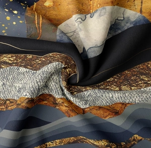 Close-up of abstract mountain landscape tapestry fabric with fluid patterns and rich textures