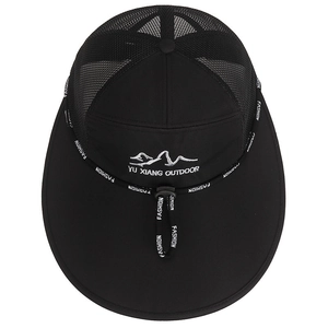 Outdoor breathable black sun hat with wide brim and mountain logo for fishing and hiking