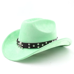 Detail of mint green cowboy hat featuring a black leather band and metal skull ornament
