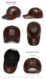 Detailed views of brown cowhide leather baseball cap with adjustable metal back buckle