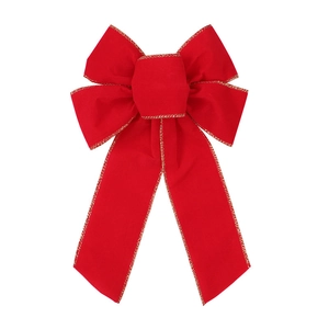 Handmade large red velvet Christmas bow with elegant gold stitched edges for tree decoration