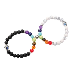 Natural Stone Magnetic Couple Bracelets Set Hamsa Hand Evil Eye Chakra Lava Rock Bead Matching Bracelet For Lovers Gift