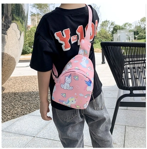 Rear view of a child wearing the pink unicorn chest bag with rainbow patterns and zipper
