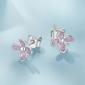 S925 sterling silver lilac flower stud earrings with purple enamel petals for women