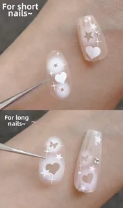 Detail showing self-adhesive butterfly and star nail stickers for short and long nails