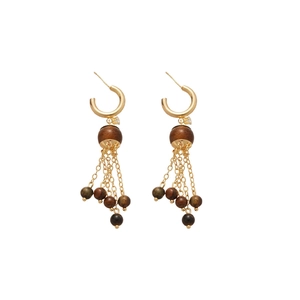 Zircon tiger eye tassel hoop earrings in vintage gold metal with brown wooden beads