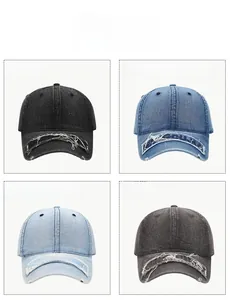 Dettaglio di quattro cappellini da baseball in denim lavato con fori consumati e ricami