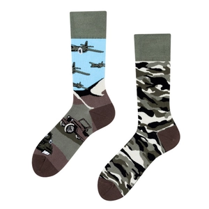 Asymmetric military style jacquard crew socks with camouflage and aircraft patterns