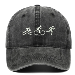 Vintage washed dark grey triathlon baseball cap with white embroidery icons for men and women