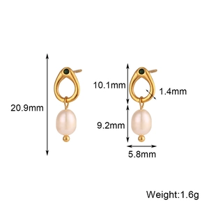Gold hoop earrings with green zircon and freshwater pearl pendants for women