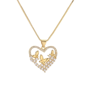 Golden heart pendant necklace with micro-p镶嵌ed cubic zirconia butterflies and box chain
