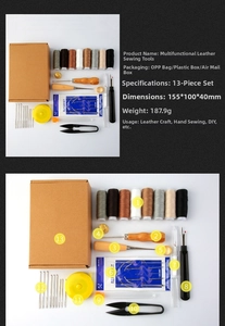 Macro detail of 13-piece leather sewing tool kit including waxed thread and needles