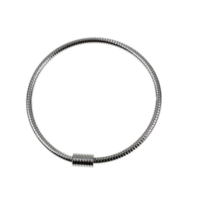 Detail of silver stainless steel snake chain bracelet with magnetic closure on white backdrop