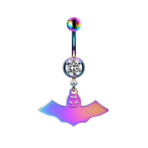 Close-up of rainbow metal navel ring featuring a gothic bat pendant and zircon