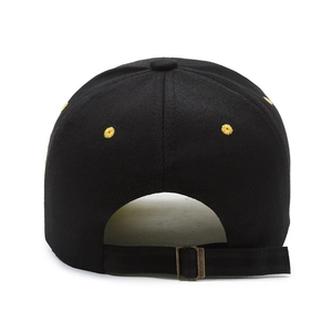 Rear view of black cotton baseball cap with yellow embroidery vents and bronze metal buckle