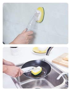 Dual-purpose kitchen brush with soap dispenser and sponge head for sink and tile cleaning