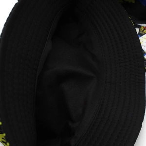 Detail shot of black bucket hat brim showing precise multi-row stitching and cotton texture