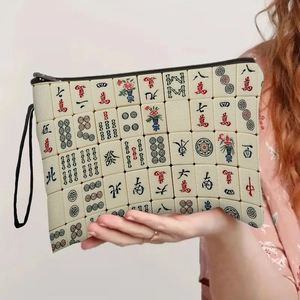 Mahjong Pattern Makeup Bag Fine Linen Toiletry Pouch Portable Cosmetic Storage With Zipper Hand Strap Novelty