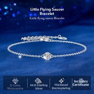Macro detail of D-color moissanite UFO bracelet in S925 sterling silver with thick plating