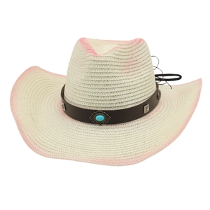 Straw Panama jazz hat with pink gradient brim, brown leather band and turquoise stone