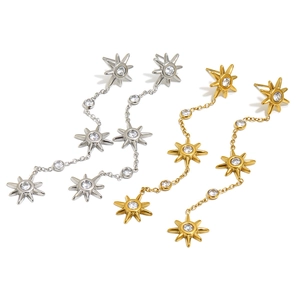 Fashionable 18K gold and silver plated stainless steel star drop earrings with white zircons