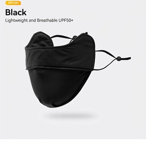 Close-up of black breathable UV protection face mask with adjustable ear loops and UPF50+ rating