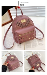 Detail of bean pink mini backpack with golden rivets and dark rhinestone patterns