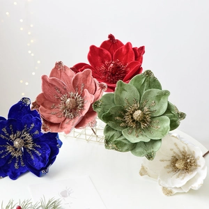 25cm premium velvet magnolia flowers with gold glitter accents for Christmas tree decor