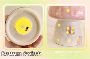 Detail of mushroom lamp showing bottom power switch and pink glazed ceramic texture