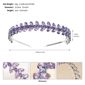 Detail showing purple rhinestone headband specs with 12.5cm diameter and 33g weight