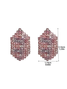 Detailed view showing dimensions of pink rhinestone long tassel earrings with diamond pavé