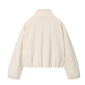 Back view of a cream-white stand-collar fleece jacket in a loose minimalist style