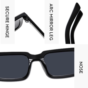 Detail of square sunglasses showing secure hinge, arc mirror leg and comfortable nose pads