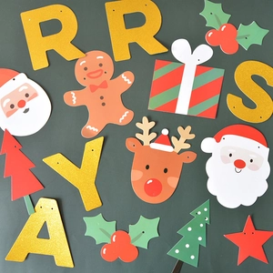 Christmas party banner set featuring Santa, Reindeer, and Gingerbread Man wall decorations