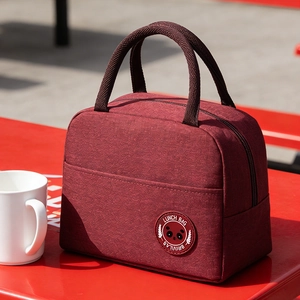 Portable burgundy insulated lunch bag with panda embroidery and reinforced handle