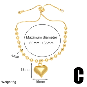 Detailed size specifications for a gold heart charm bracelet with 4mm beads and dimensions