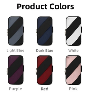 Sports phone armband shown in six colors with dual zippers and breathable fabric texture