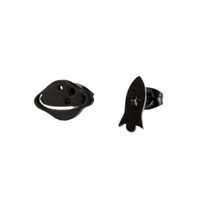 Asymmetric matte black stainless steel stud earrings featuring hollow planet and rocket shapes